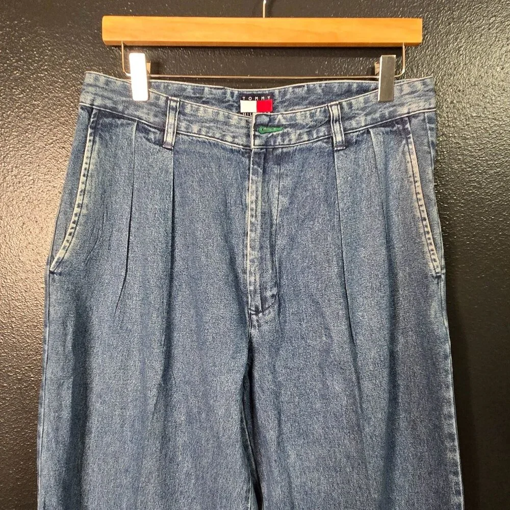 Vintage 90s Tommy Hilfiger Women's 32 Blue‎ Denim Pleated Casual Pants